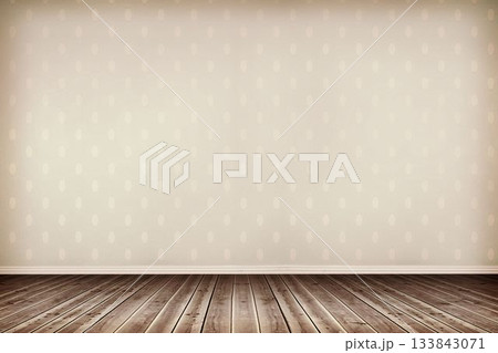 Flat-design vacant room showing wood flooring and beige oval-pattern wallpaper with white baseboard 133843071
