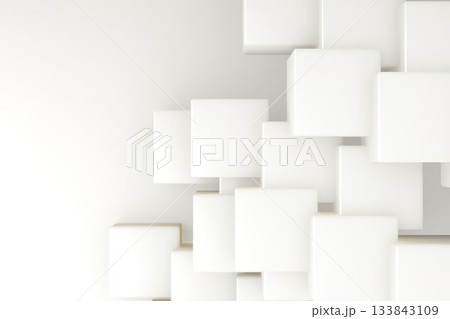 Overlapping white cubes are floating in 3D render style on light beige backdrop with soft shadows 133843109