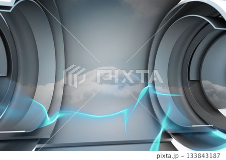 Futuristic metallic portal frames are showing clouds with blue energy ribbons in sci-fi 3D render Futuristic metallic portal frames are showing clouds with blue energy ribbons in sci-fi 3D render 133843187