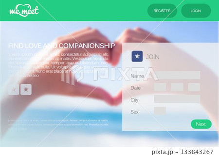 Flat design page is featuring heart logo, beach hands forming heart, join form fields, next button 133843267