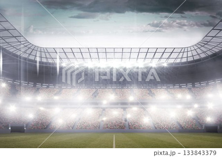 Flat design stadium is showcasing grass field with center line under curved roof with floodlights 133843379