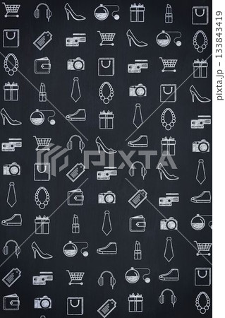Retail icons are repeating on chalkboard-style background featuring carts, shoes, tags, bags 133843419
