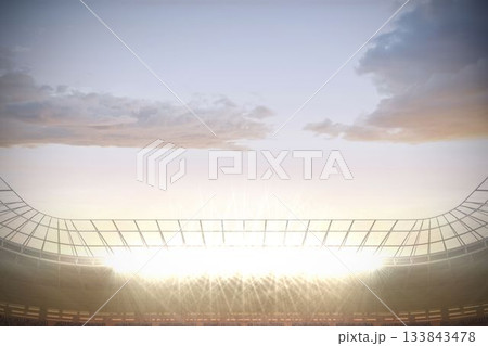 Showing flat design stadium roof trusses, floodlights lighting tiered seating and wire mesh at dusk Showing flat design stadium roof trusses, floodlights lighting tiered seating and wire mesh at dusk 133843478