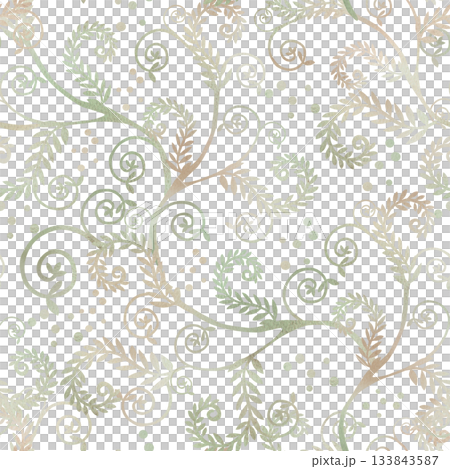 A seamless companion pattern with curved branches in a soft green and beige color. Watercolor illustration for interior design, apparel and fabric printing, project design, and packaging. A seamless companion pattern with curved branches in a soft green and beige color. Watercolor illustration for interior design, apparel and fabric printing, project design, and packaging. 133843587