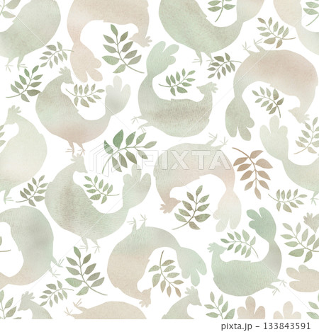 A seamless companion pattern with birds and branches in soft green and beige. Watercolor illustration for interior design, apparel and fabric printing, project design, and packaging. 133843591