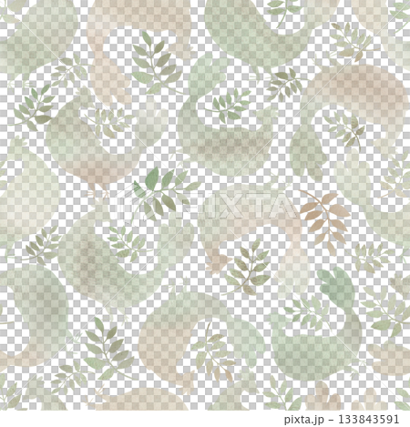 A seamless companion pattern with birds and branches in soft green and beige. Watercolor illustration for interior design, apparel and fabric printing, project design, and packaging. 133843591
