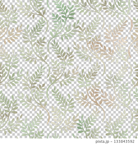 A seamless companion pattern with delicate green and beige branches. Watercolor illustration for interior design, apparel and fabric printing, project design, and packaging. A seamless companion pattern with delicate green and beige branches. Watercolor illustration for interior design, apparel and fabric printing, project design, and packaging. 133843592