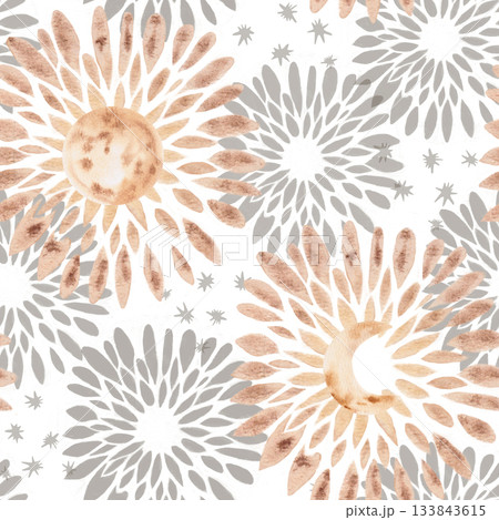 A seamless pattern with a stylized sun and moon. Watercolor illustration for interior design, printing on clothing and fabric, souvenirs, and packaging. A seamless pattern with a stylized sun and moon. Watercolor illustration for interior design, printing on clothing and fabric, souvenirs, and packaging. 133843615