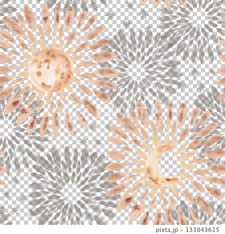 A seamless pattern with a stylized sun and moon. Watercolor illustration for interior design, printing on clothing and fabric, souvenirs, and packaging. A seamless pattern with a stylized sun and moon. Watercolor illustration for interior design, printing on clothing and fabric, souvenirs, and packaging. 133843615