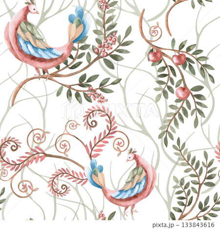 A seamless pattern with stylized birds on branches. Watercolor illustration for interior design, printing on clothing and fabric, souvenirs, and packaging. 133843616