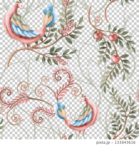 A seamless pattern with stylized birds on branches. Watercolor illustration for interior design, printing on clothing and fabric, souvenirs, and packaging. 133843616