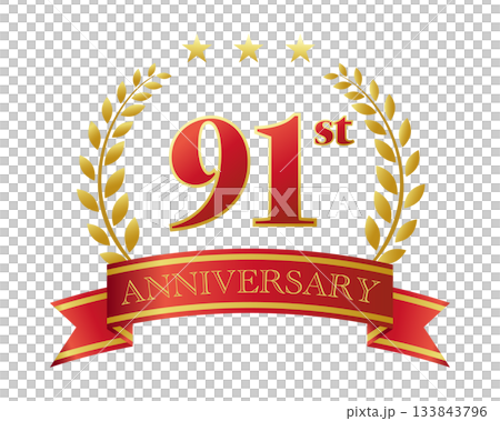 91週年紀念圖示。紅色絲帶和裝飾框。 133843796