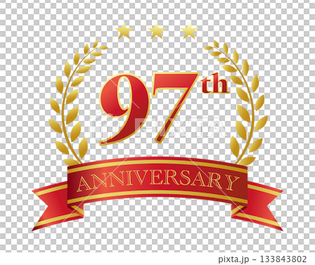 97週年紀念圖示。紅色絲帶和裝飾框。 133843802