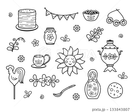 Maslenitsa is a traditional holiday marking the end of winter. Vector doodle illustration of pancakes, samovar, matryoshka, sun, cockerel. Shrovetide. 133843807