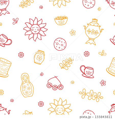 Seamless pattern Maslenitsa is a traditional holiday marking the end of winter. Background Shrovetide. Vector doodle illustration wallpaper. 133843811