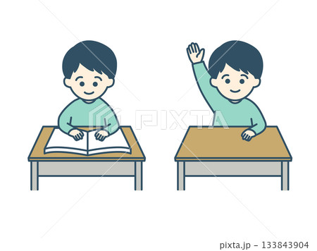 本を読んでいる男の子と手をあげている男の子 本を読んでいる男の子と手をあげている男の子 133843904