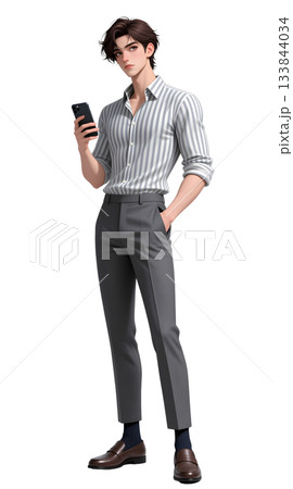 スマートフォンを持って立つビジネスマン男性のイラスト 全身正面 透過素材 133844034