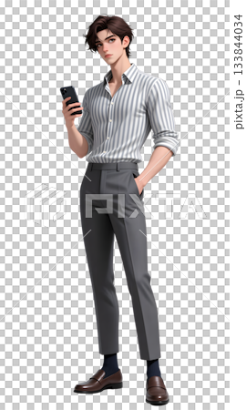 スマートフォンを持って立つビジネスマン男性のイラスト 全身正面 透過素材 133844034