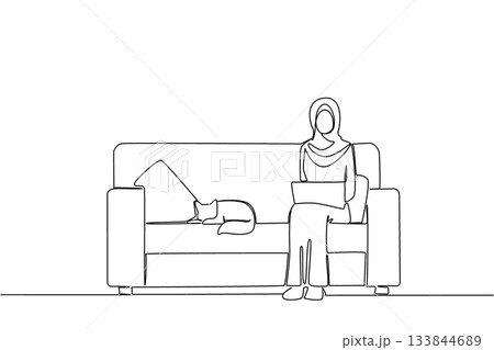 Single one line drawing arab woman sitting on sofa typing and holding laptop on lap and cat lying down. Work very comfortably. National Work From Home Day. Continuous line design graphic illustration Single one line drawing arab woman sitting on sofa typing and holding laptop on lap and cat lying down. Work very comfortably. National Work From Home Day. Continuous line design graphic illustration 133844689