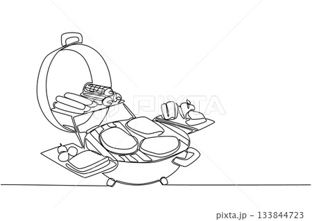Single one line drawing barbecue grill and cover with some pieces of meat, sausage, tomatoes, peppers. Big barbecue party. Cookout. National Barbecue Day. Continuous line design graphic illustration 133844723