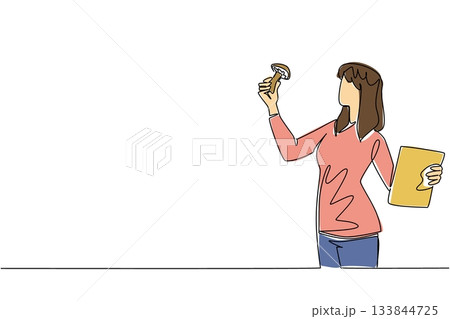 Continuous one line drawing a woman holding a book and the other hand holding a mushroom. Classifying by type. Observing. National Mushroom Hunting Day. Single line draw design vector illustration Continuous one line drawing a woman holding a book and the other hand holding a mushroom. Classifying by type. Observing. National Mushroom Hunting Day. Single line draw design vector illustration 133844725