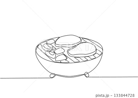 Continuous one line drawing barbecue grill with some meat cuts and peppers. Warming up the atmosphere with delicious meat. Steak. National Barbecue Day. Single line draw design vector illustration 133844728