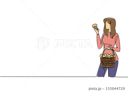 Single one line drawing a woman carrying a rattan basket filled with mushrooms in one hand. Happy with the harvest. Tasty. National Mushroom Hunting Day. Continuous line design graphic illustration 133844729