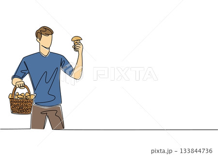Single one line drawing a man carrying a rattan basket filled with mushrooms in one hand. Surprised. Get blessings. Edible. National Mushroom Hunting Day. Continuous line design graphic illustration 133844736