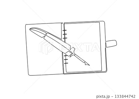 Single continuous line drawing open leather covered notebook with quill on top. Writing romantic poetry in classic style.. Best inspiration. National Notebook Day. One line design vector illustration 133844742