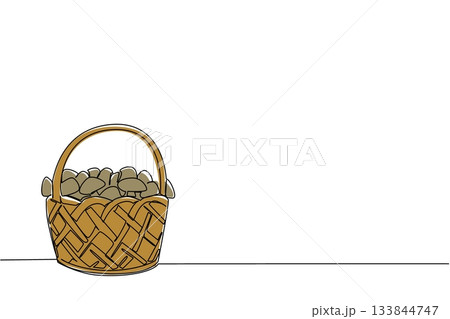 Single continuous line drawing rattan basket filled with mushrooms. The result of good cultivation efforts. A satisfying harvest. National Mushroom Hunting Day. One line design vector illustration Single continuous line drawing rattan basket filled with mushrooms. The result of good cultivation efforts. A satisfying harvest. National Mushroom Hunting Day. One line design vector illustration 133844747