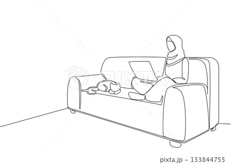 Single one line drawing arab woman sits crosses legged on sofa with laptop on lap and cat lying down. Work relaxed and serious. National Work From Home Day. Continuous line design graphic illustration Single one line drawing arab woman sits crosses legged on sofa with laptop on lap and cat lying down. Work relaxed and serious. National Work From Home Day. Continuous line design graphic illustration 133844755
