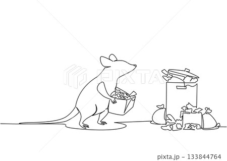 Continuous one line drawing rats walking carrying cardboard boxes filled with garbage towards a pile of garbage. Removes dirt. Clean. National Pack Rat Day. Single line draw design vector illustration 133844764