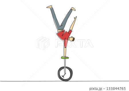 Single continuous line drawing strong man standing upside down with one hand holding unicycle seat. Acrobatics like a circus performer. Brave. Ride a Unicycle Day. One line design vector illustration Single continuous line drawing strong man standing upside down with one hand holding unicycle seat. Acrobatics like a circus performer. Brave. Ride a Unicycle Day. One line design vector illustration 133844765