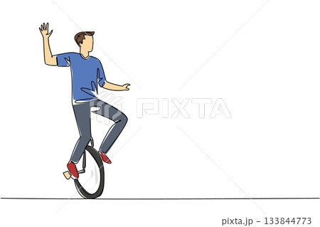 Single one line drawing man riding unicycle waving his hand. Greet the audience with a wave. Reckless show without safety equipment. Ride a Unicycle Day. Continuous line design graphic illustration Single one line drawing man riding unicycle waving his hand. Greet the audience with a wave. Reckless show without safety equipment. Ride a Unicycle Day. Continuous line design graphic illustration 133844773