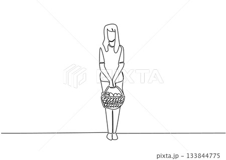 Single continuous line drawing a woman carrying a rattan basket filled with mushrooms with both hands. Hunt until get a large amount. National Mushroom Hunting Day. One line design vector illustration 133844775