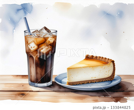 アイスコーヒーとニューヨークチーズケーキの水彩風イラスト｜チーズケーキ,コーヒー,カフェスイーツ,木 133844825