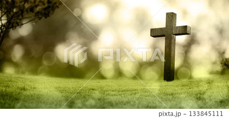 Flat design is showing wooden cross standing in grassy meadow with blurred foliage, bokeh spots Flat design is showing wooden cross standing in grassy meadow with blurred foliage, bokeh spots 133845111