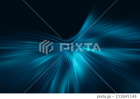 Radial burst of cyan-blue light rays is streaming toward vanishing point in vector illustration 133845149