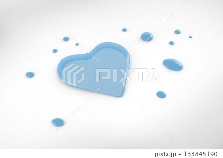 3D-rendered glossy blue heart-shaped drop is resting on white seamless surface with smaller drops 133845190