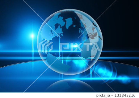 3D-render glass Earth globe floating over reflective base showing continents with neon-blue flares 133845216