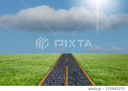 Two-lane asphalt road is running through vector grassland, with yellow lines, clouds and sunbeam Two-lane asphalt road is running through vector grassland, with yellow lines, clouds and sunbeam 133845253