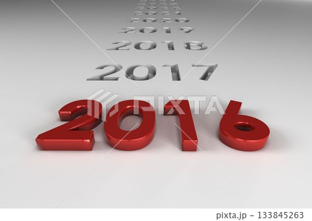 Red metallic 3D 2016 numerals are positioned on seamless gray plane, showing receding gray years Red metallic 3D 2016 numerals are positioned on seamless gray plane, showing receding gray years 133845263