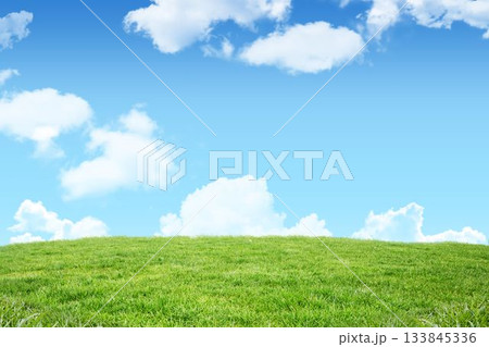 Flat design illustration is showing sloping green grassy hill under blue sky with white clouds 133845336