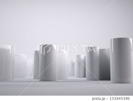 Showing minimalist scene with glossy white cylinders on mirror floor and gradient wall, copy space Showing minimalist scene with glossy white cylinders on mirror floor and gradient wall, copy space 133845390