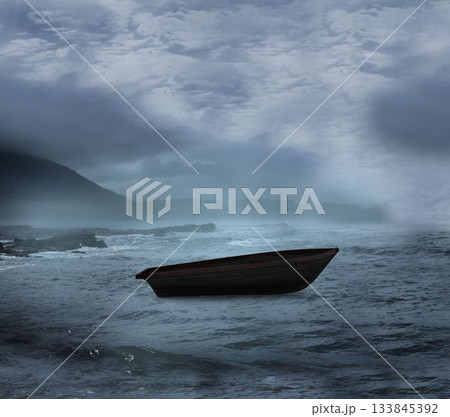 Sail boat on open water in a storm 133845392