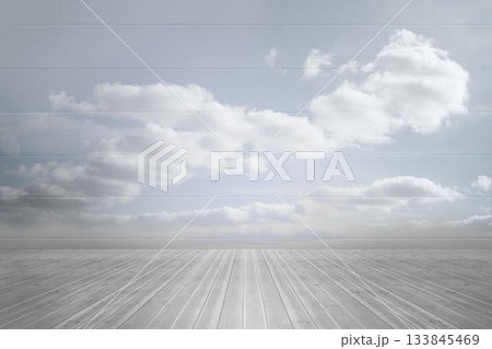 Flat design gray wooden plank platform is extending toward horizon under pale blue sky with clouds 133845469