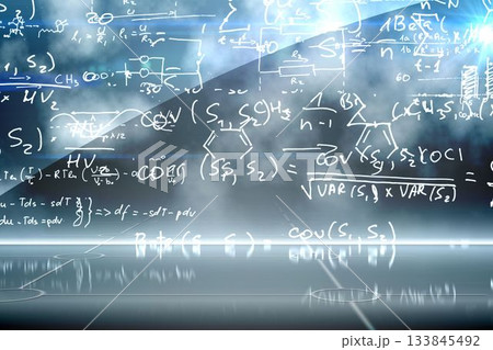 Math and chemical formulas are floating above reflective surface in digital visualization, glowing Math and chemical formulas are floating above reflective surface in digital visualization, glowing 133845492