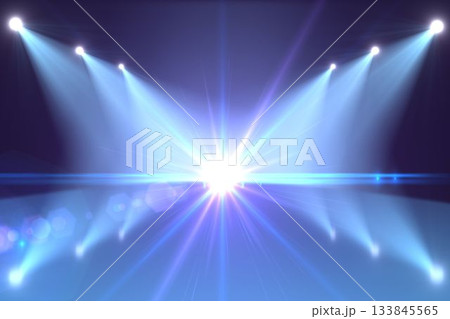 3D render stage lighting is creating starburst flare with blue spotlight beams on reflective floor 3D render stage lighting is creating starburst flare with blue spotlight beams on reflective floor 133845565