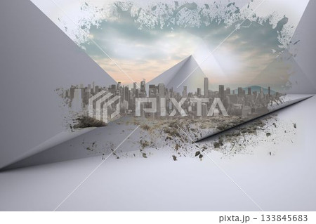Flat design panels are forming triangular tear revealing pyramid skyline with desert plants 133845683