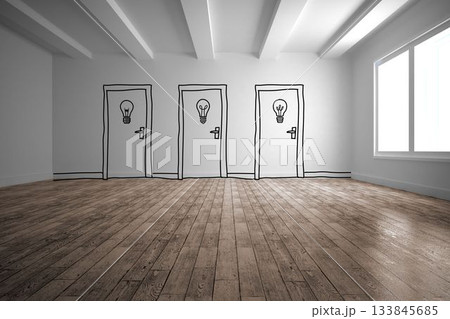 Illustrating flat design showing three sketched doors with bulb icons on wooden floor near window Illustrating flat design showing three sketched doors with bulb icons on wooden floor near window 133845685